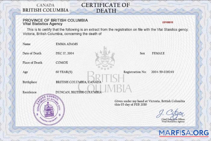 Realistic Canada vital record death certificate PSD template